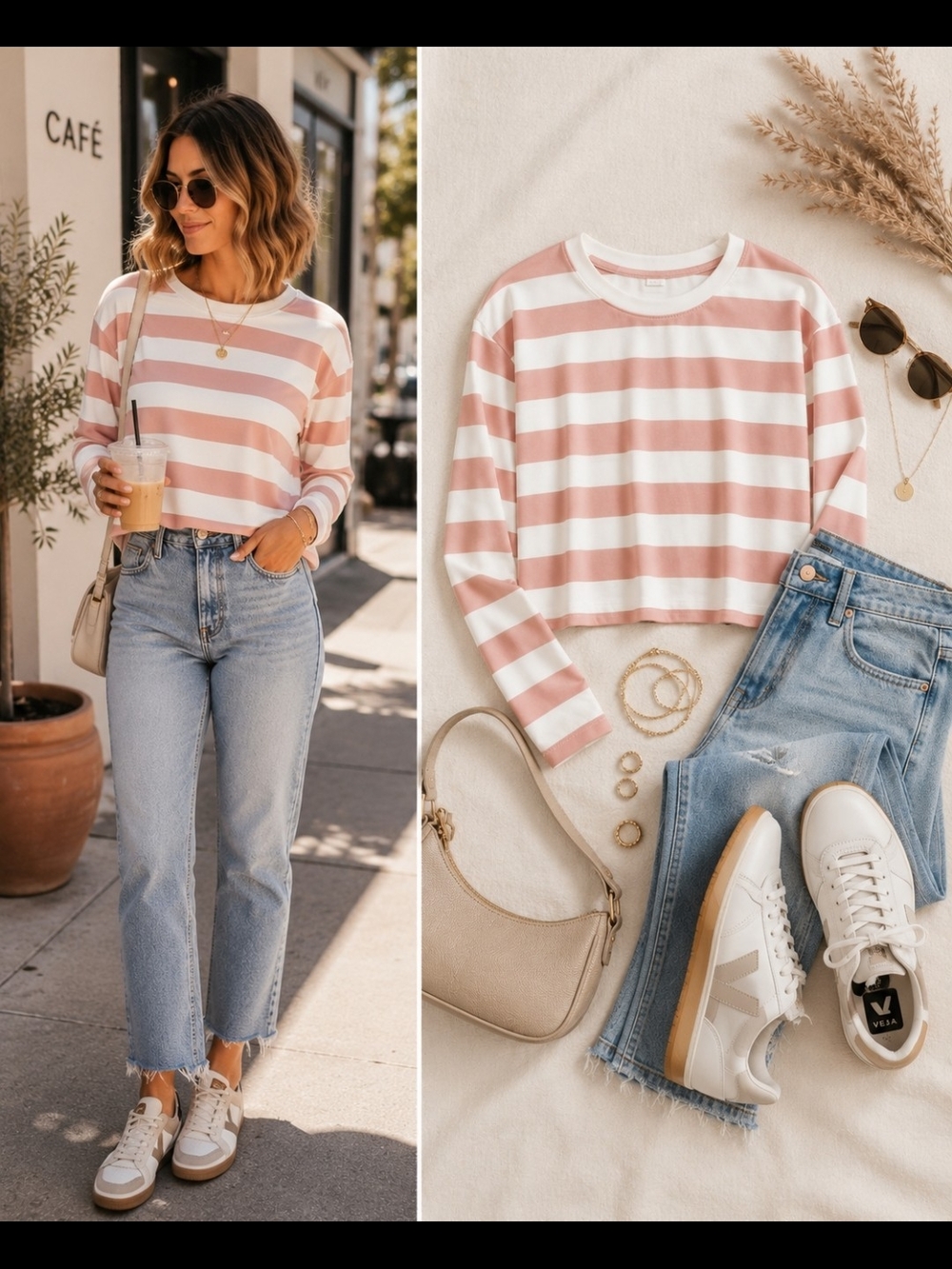 Blush Pink Ivory Stripe Cropped Tee Small Soft Cotton Modal Casual Top Feminine